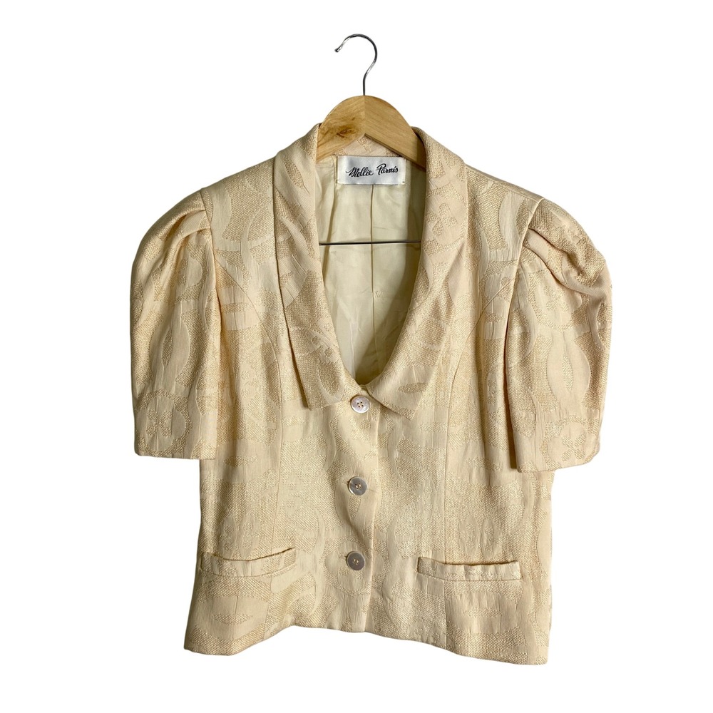 Vintage Mollie Parnis Cream Jacquard Puff Sleeve Top Coquette Old Money
